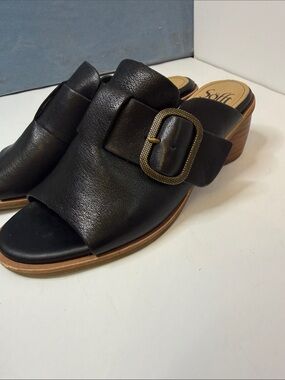Black Leather Slide Sandals with Buckle